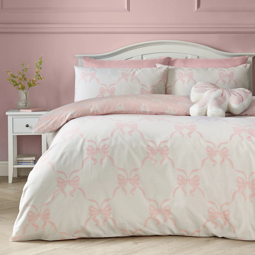 Catherine Lansfield Pink Pretty Bows Reversible Duvet Cover Set