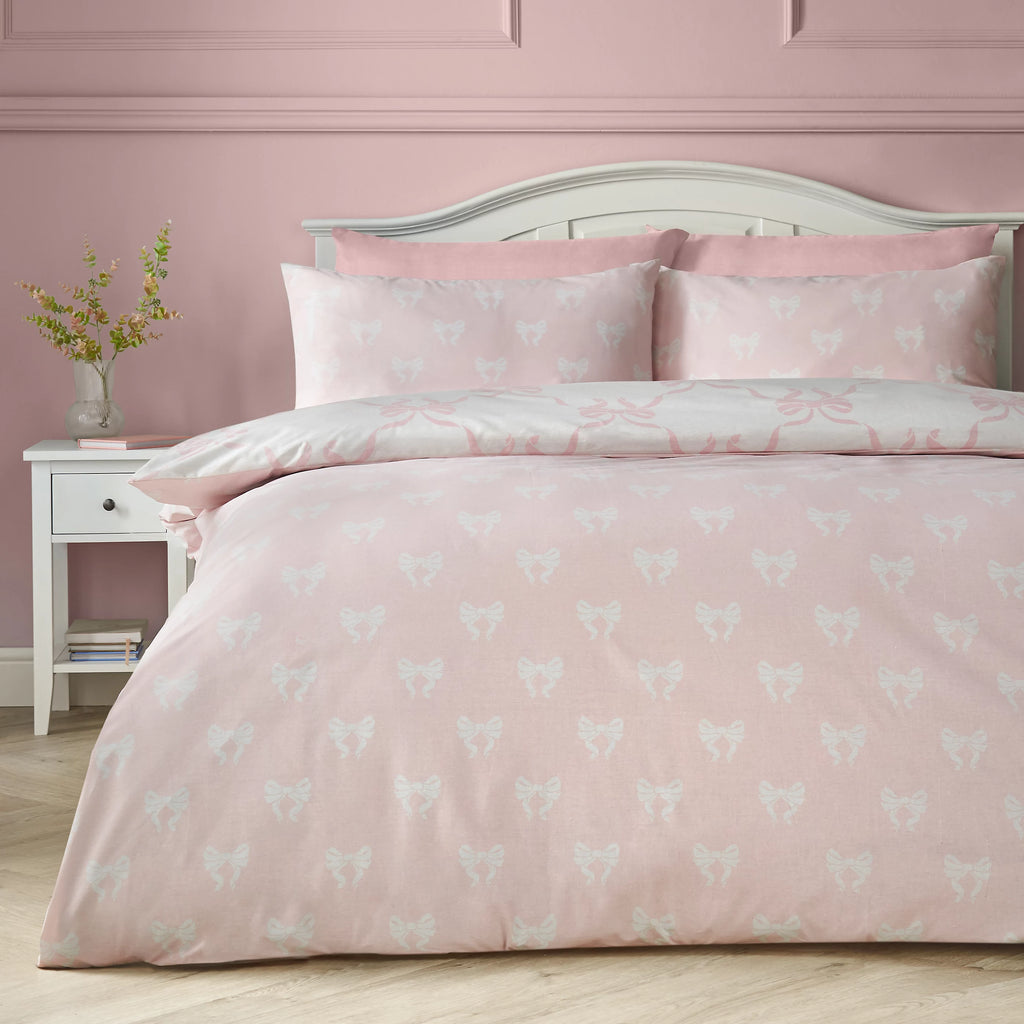 Catherine Lansfield Pink Pretty Bows Reversible Duvet Cover Set