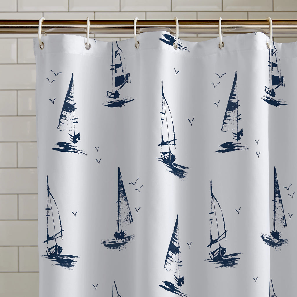 Catherine Lansfield Salcombe Boats Shower Curtain Panel in White 180 x 180cm