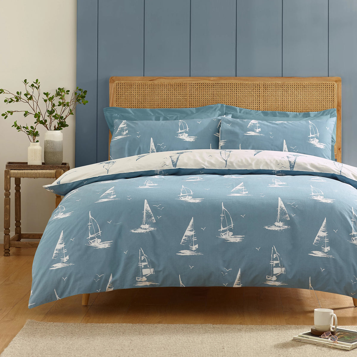 Catherine Lansfield Salcombe Boats Reversible Duvet Cover Set Soft Blue