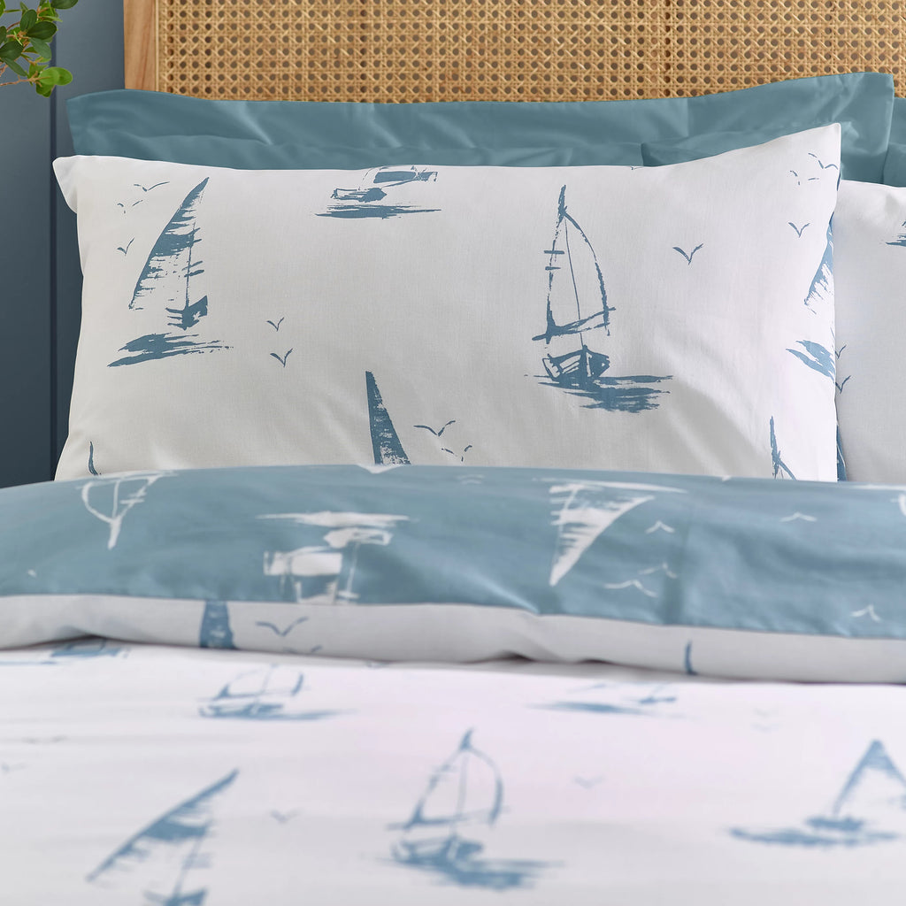 Catherine Lansfield Salcombe Boats Reversible Duvet Cover Set Soft Blue
