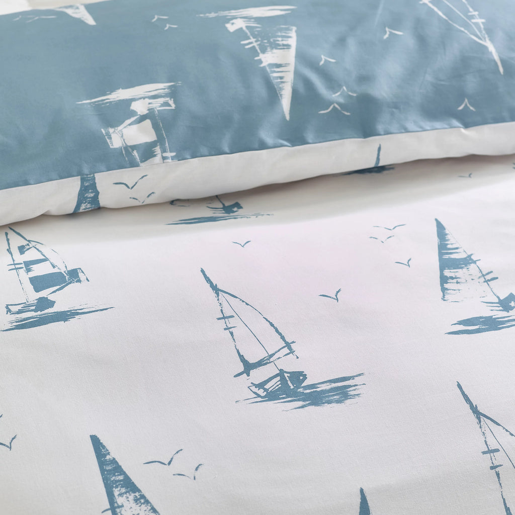 Catherine Lansfield Salcombe Boats Reversible Duvet Cover Set Soft Blue