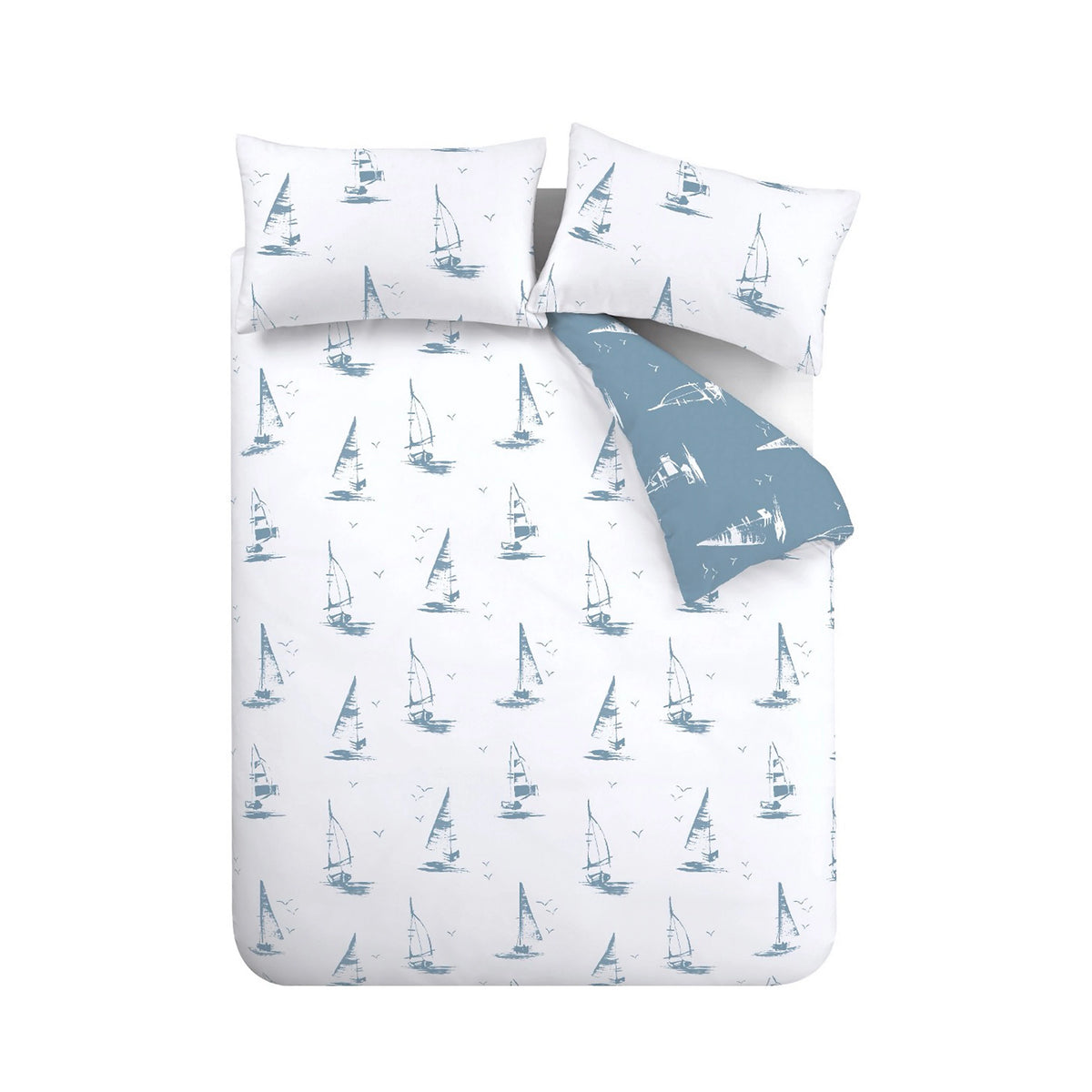 Catherine Lansfield Salcombe Boats Reversible Duvet Cover Set Soft Blue