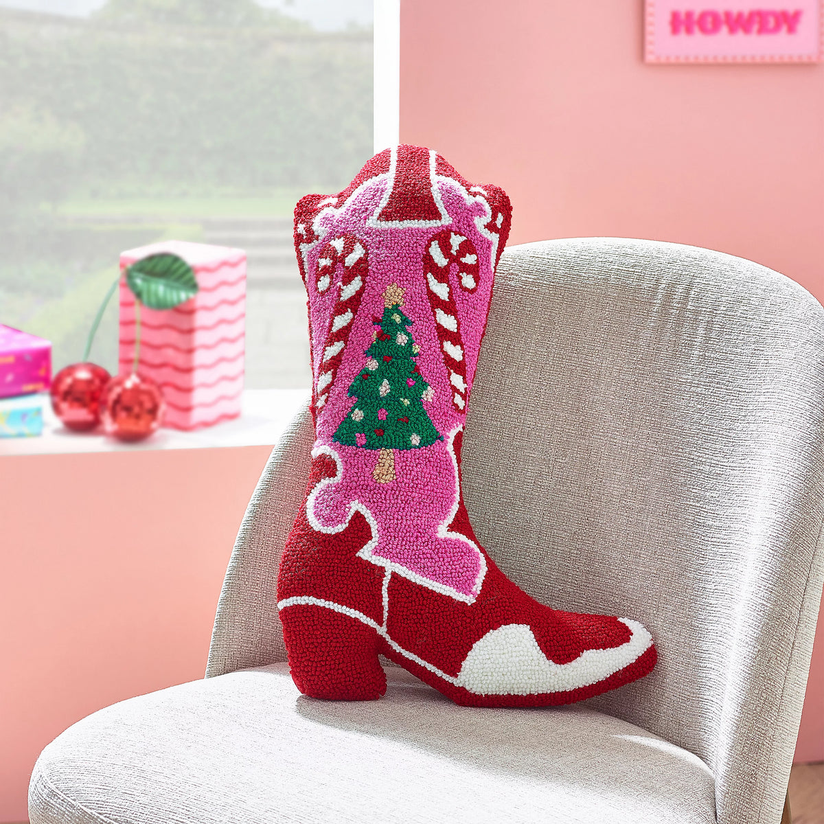 Catherine Lansfield Santa's Howdy Christmas Boot Boucle 3D Shaped Cushion Pink