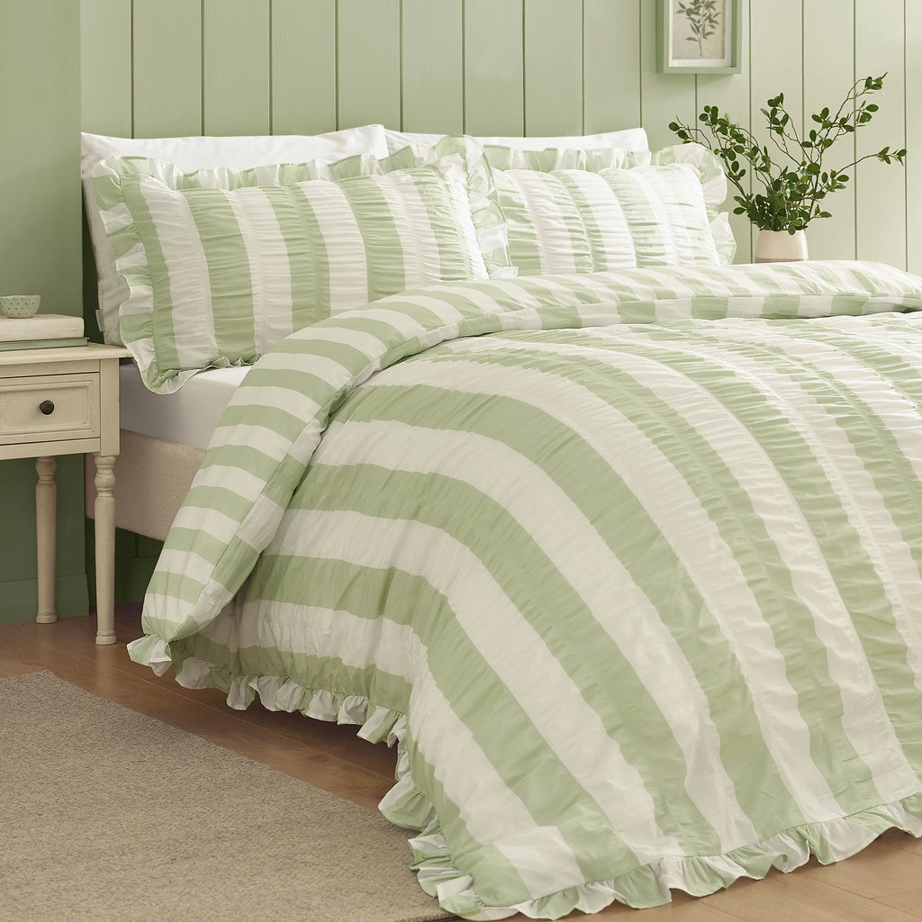 Catherine Lansfield Green Seersucker Frill Stripe Duvet Cover Set