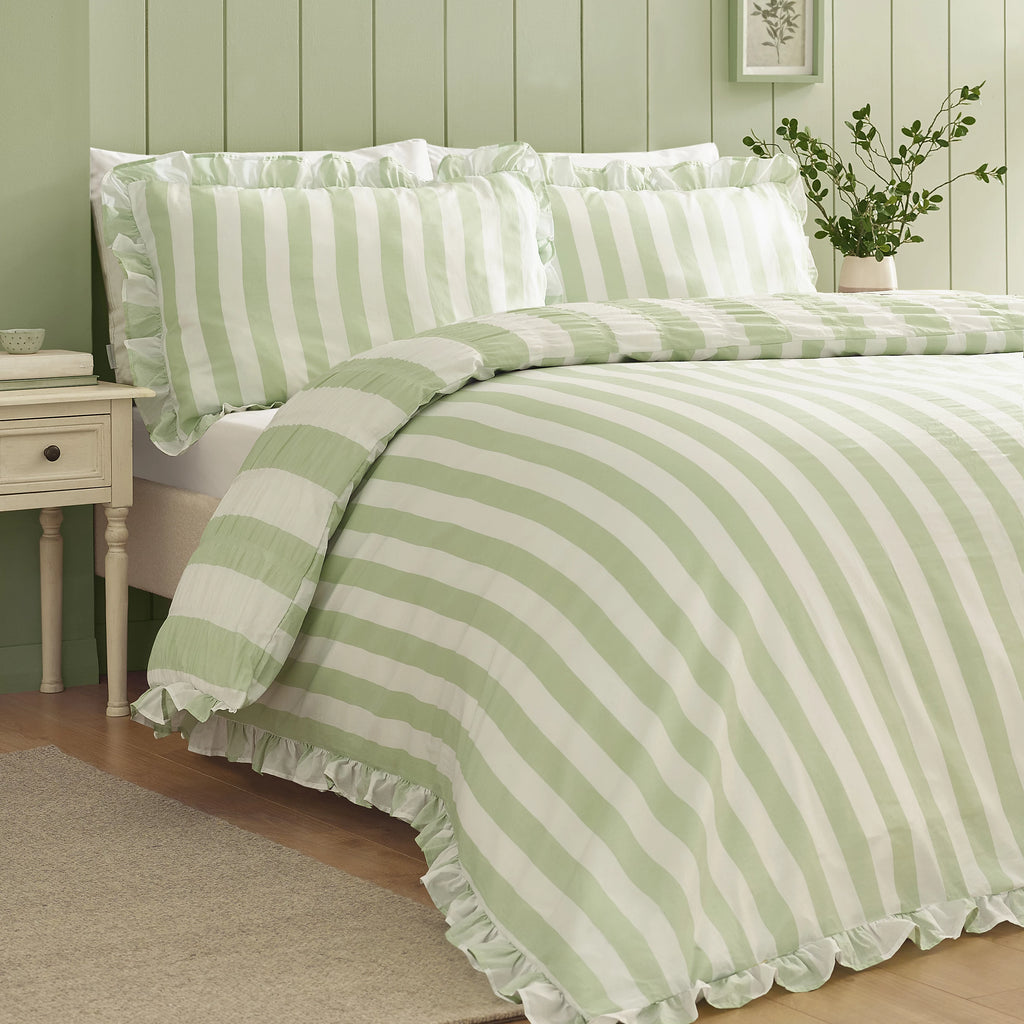 Catherine Lansfield Green Seersucker Frill Stripe Duvet Cover Set