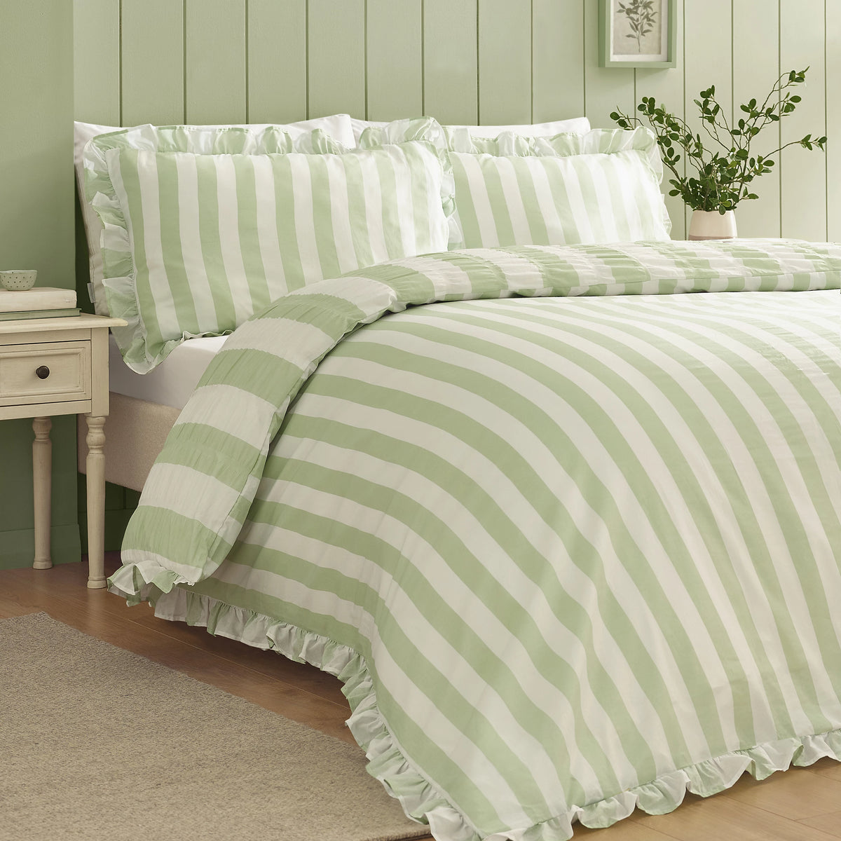 Catherine Lansfield Green Seersucker Frill Stripe Duvet Cover Set