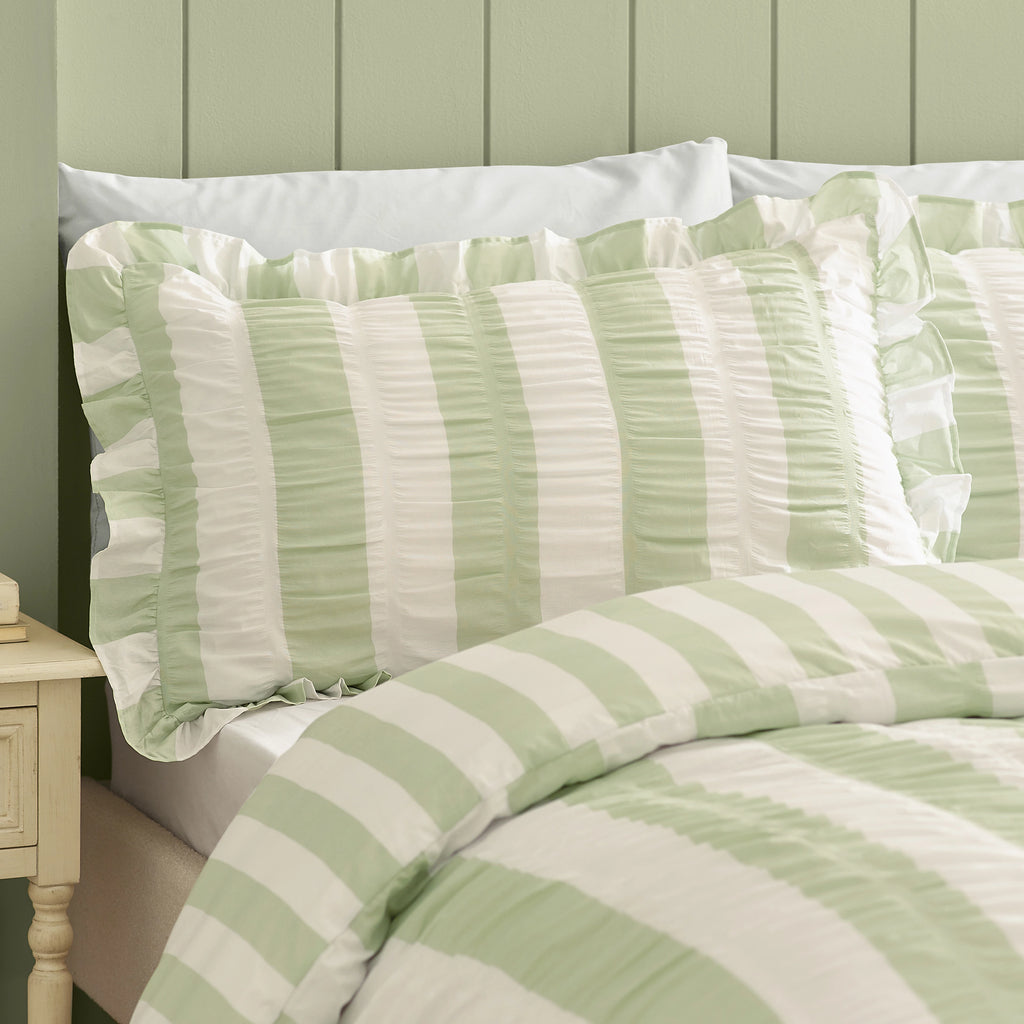 Catherine Lansfield Green Seersucker Frill Stripe Duvet Cover Set