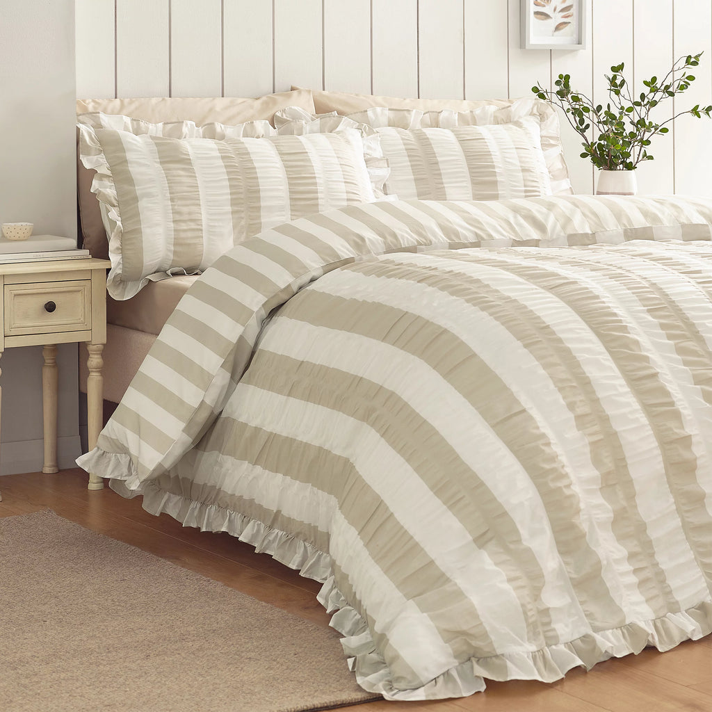 Catherine Lansfield Natural Seersucker Frill Stripe Duvet Cover Set