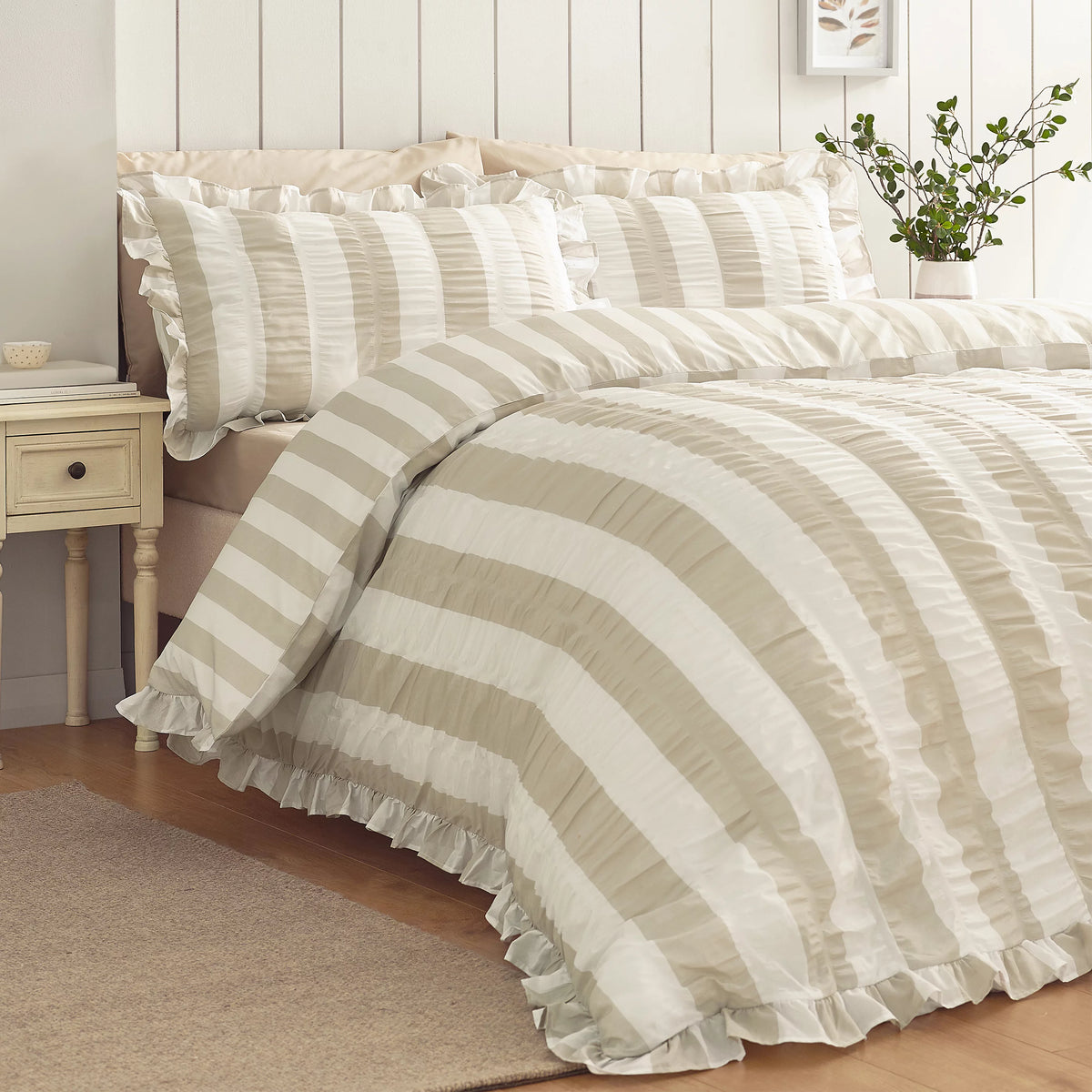 Catherine Lansfield Natural Seersucker Frill Stripe Duvet Cover Set