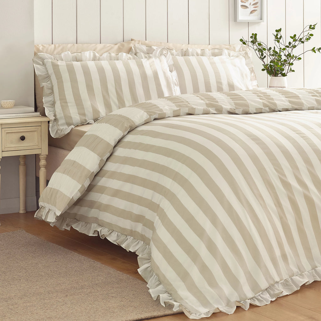 Catherine Lansfield Natural Seersucker Frill Stripe Duvet Cover Set
