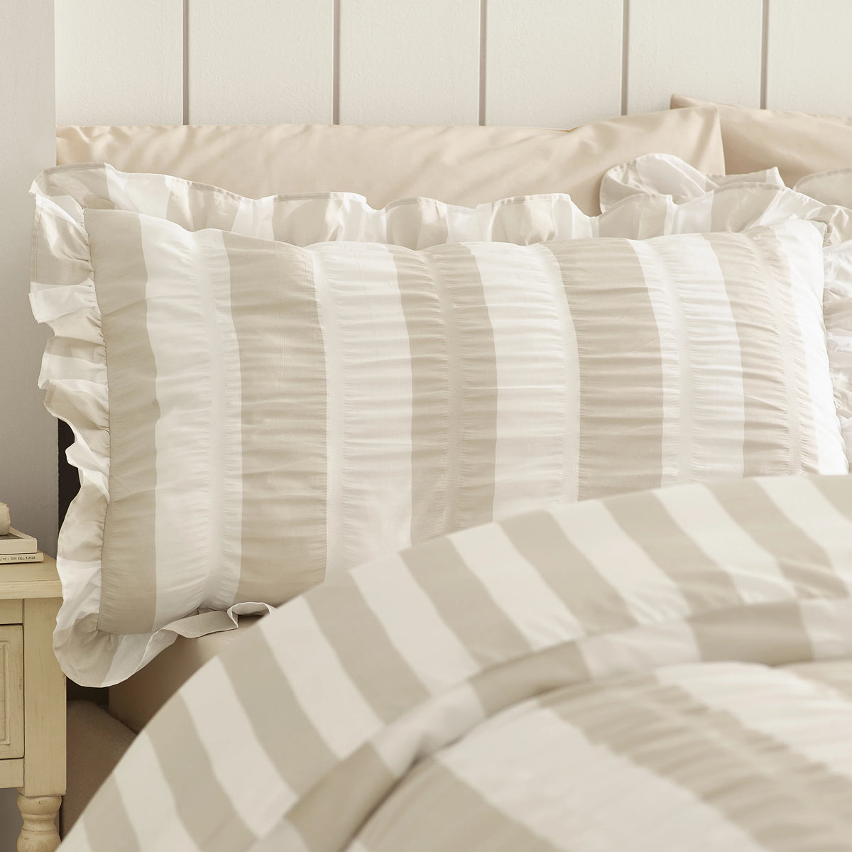 Catherine Lansfield Natural Seersucker Frill Stripe Duvet Cover Set