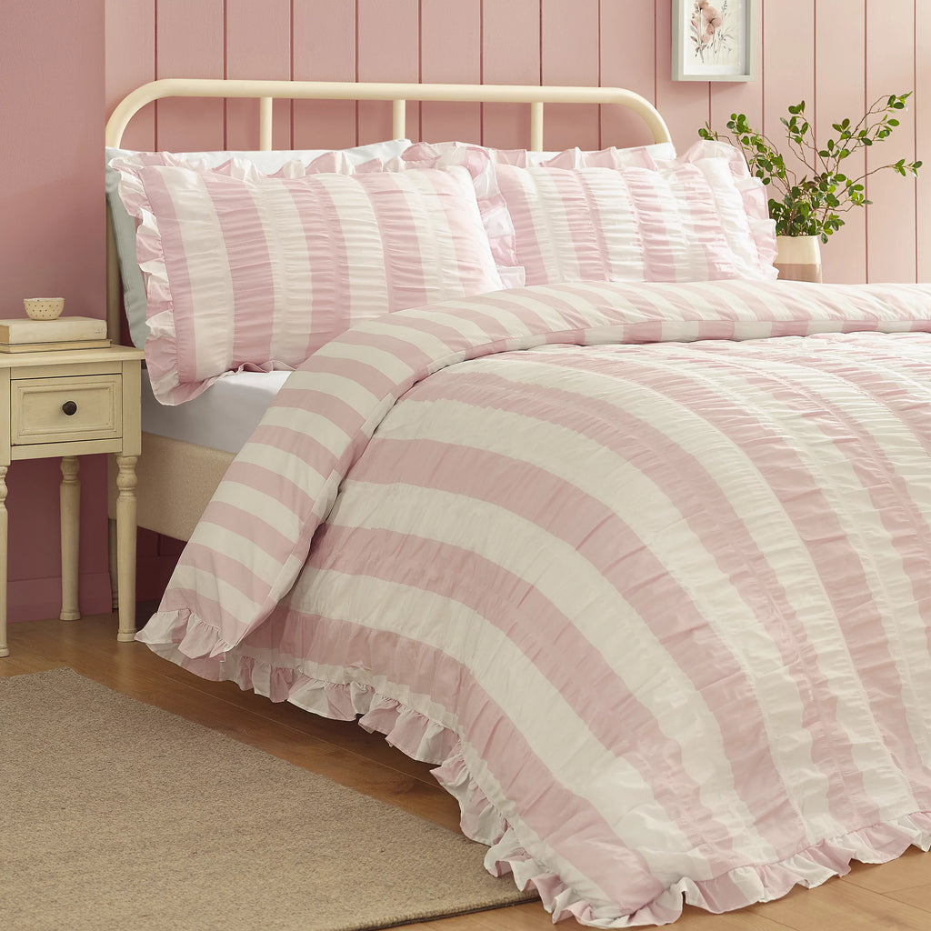 Catherine Lansfield Pink Seersucker Frill Stripe Duvet Cover Set