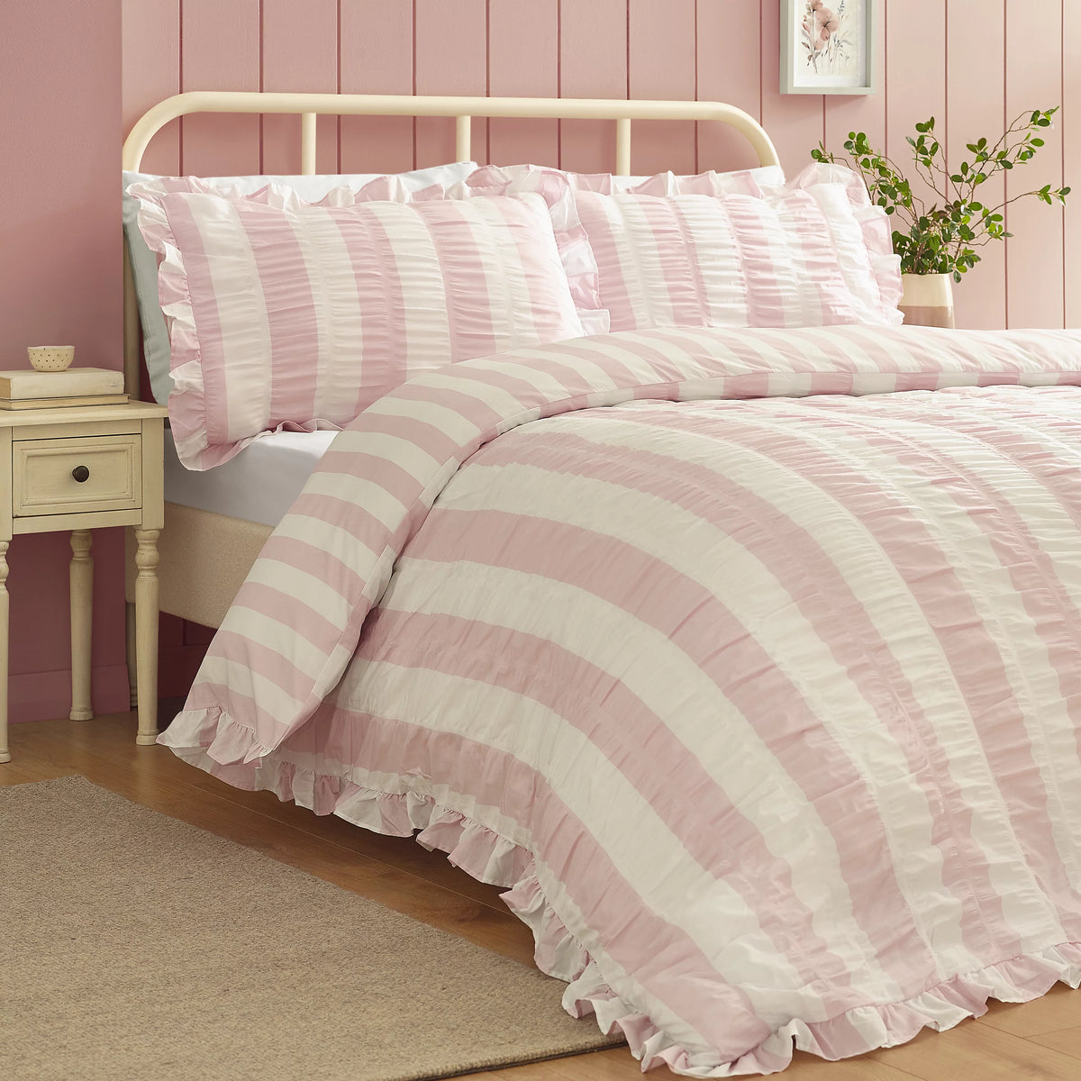 Catherine Lansfield Pink Seersucker Frill Stripe Duvet Cover Set