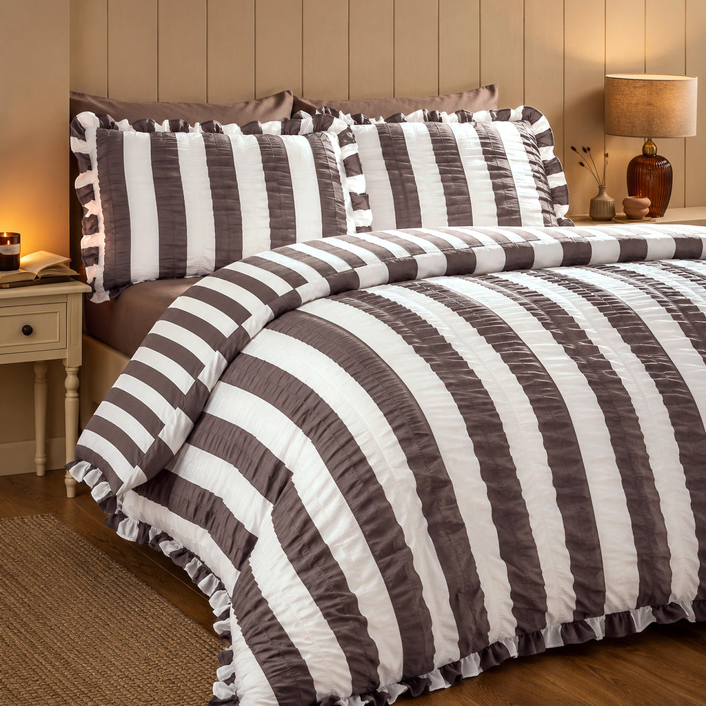 Catherine Lansfield Chocolate Seersucker Frill Stripe Duvet Cover Set