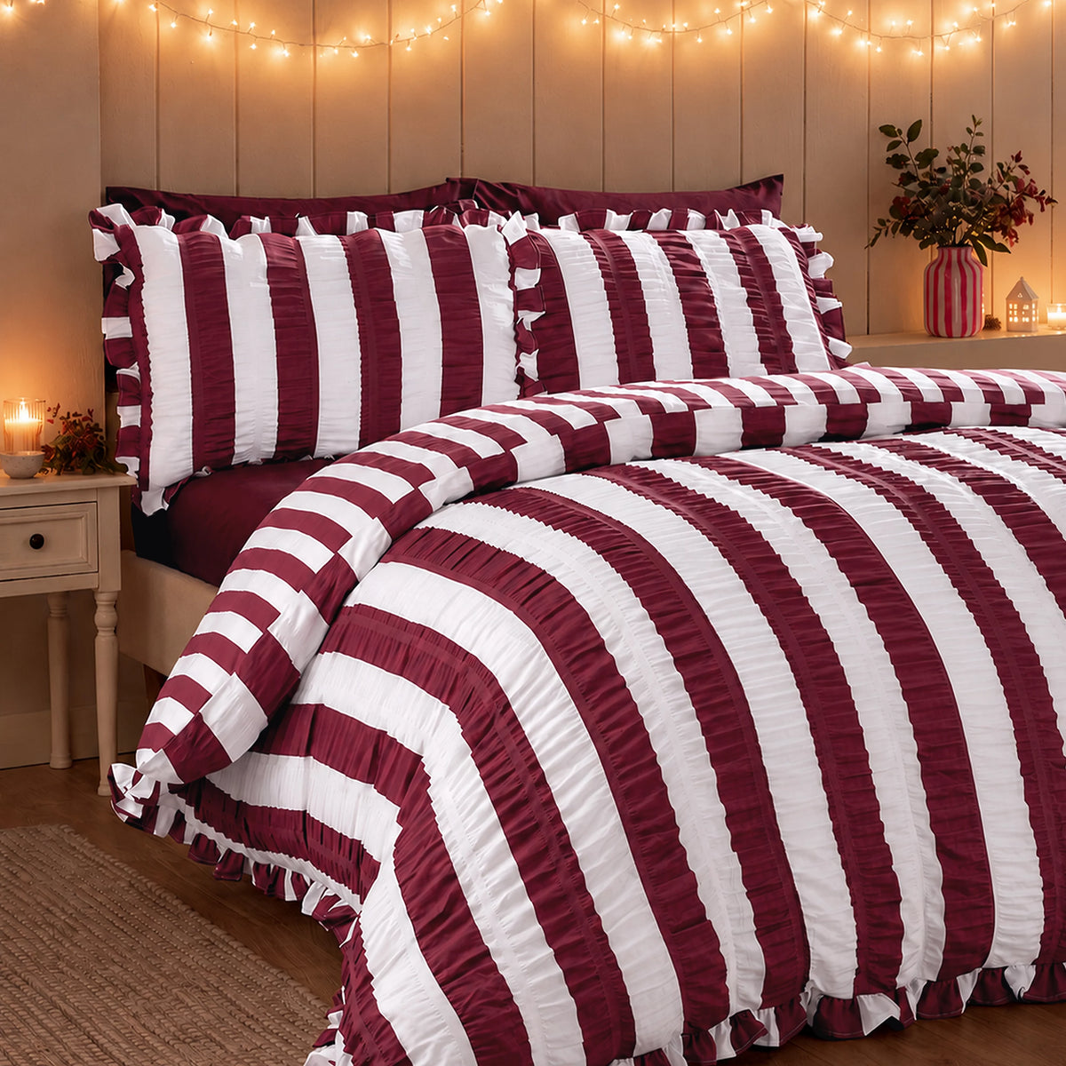 Catherine Lansfield Plum Seersucker Frill Stripe Duvet Cover Set