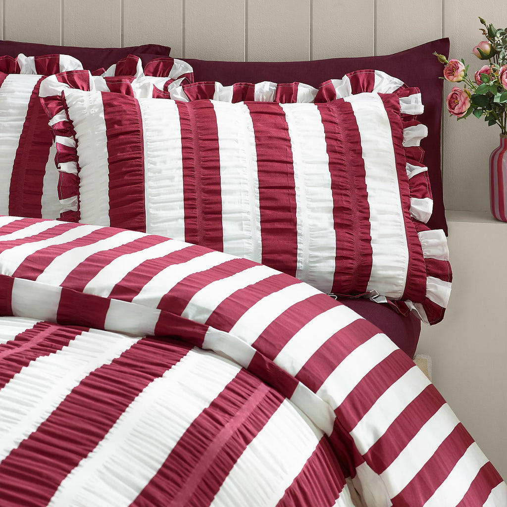 Catherine Lansfield Plum Seersucker Frill Stripe Duvet Cover Set