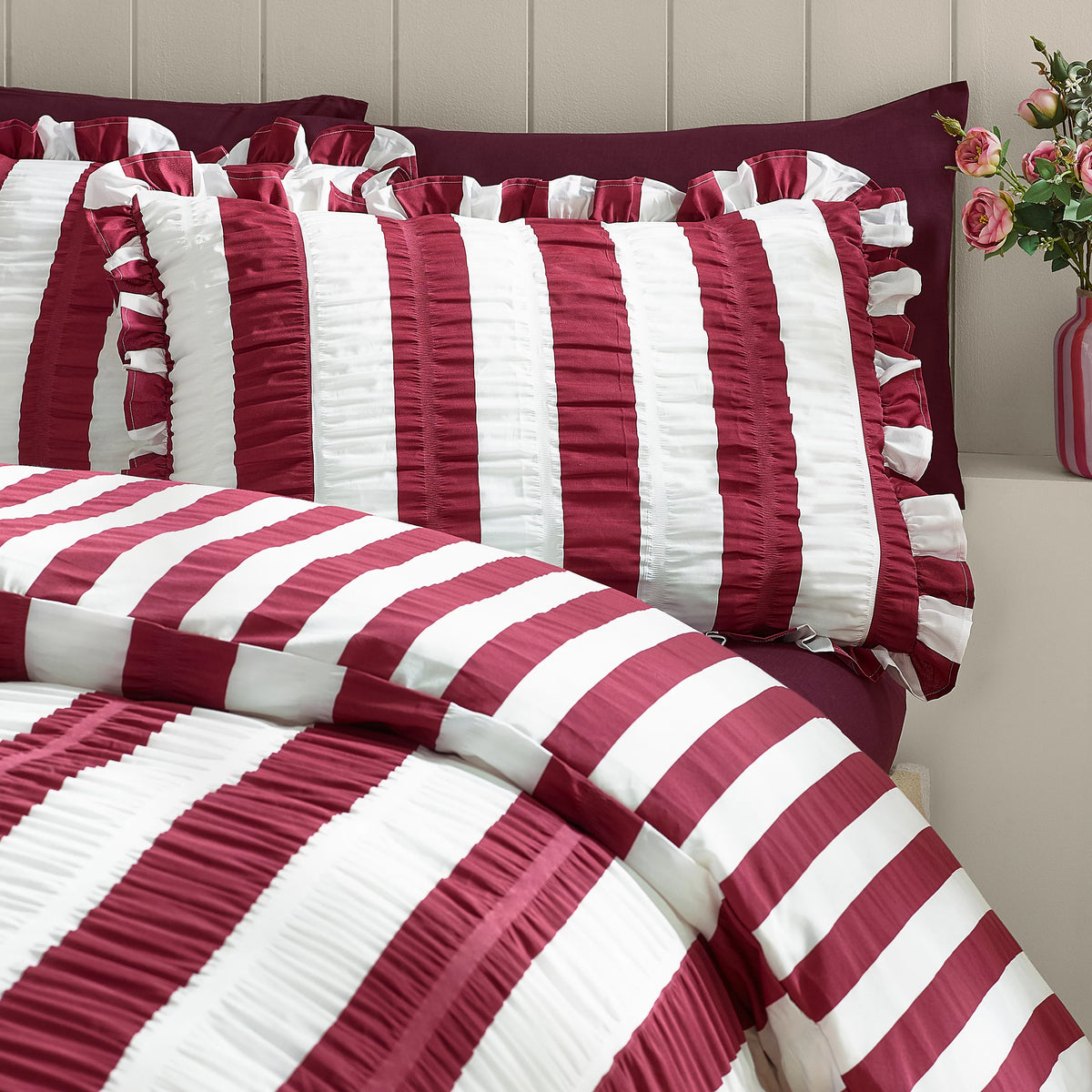 Catherine Lansfield Plum Seersucker Frill Stripe Duvet Cover Set