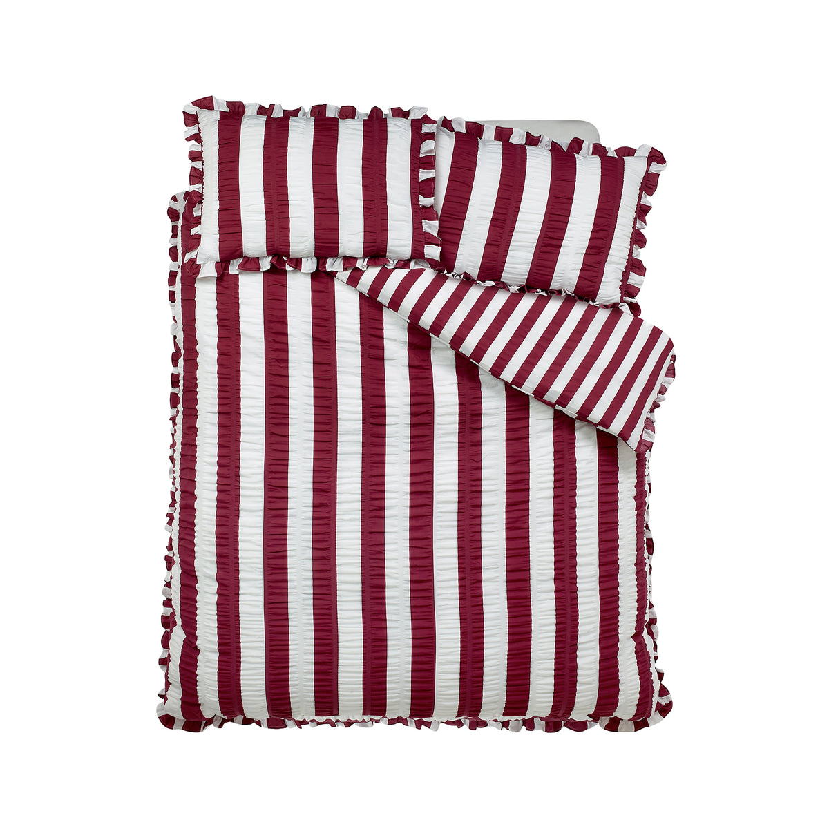 Catherine Lansfield Plum Seersucker Frill Stripe Duvet Cover Set