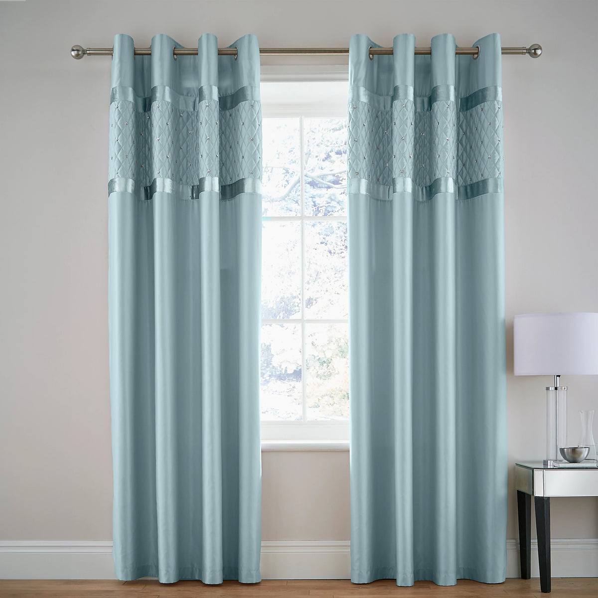 Catherine Lansfield Sequin Cluster Eyelet Curtains Duck Egg Blue
