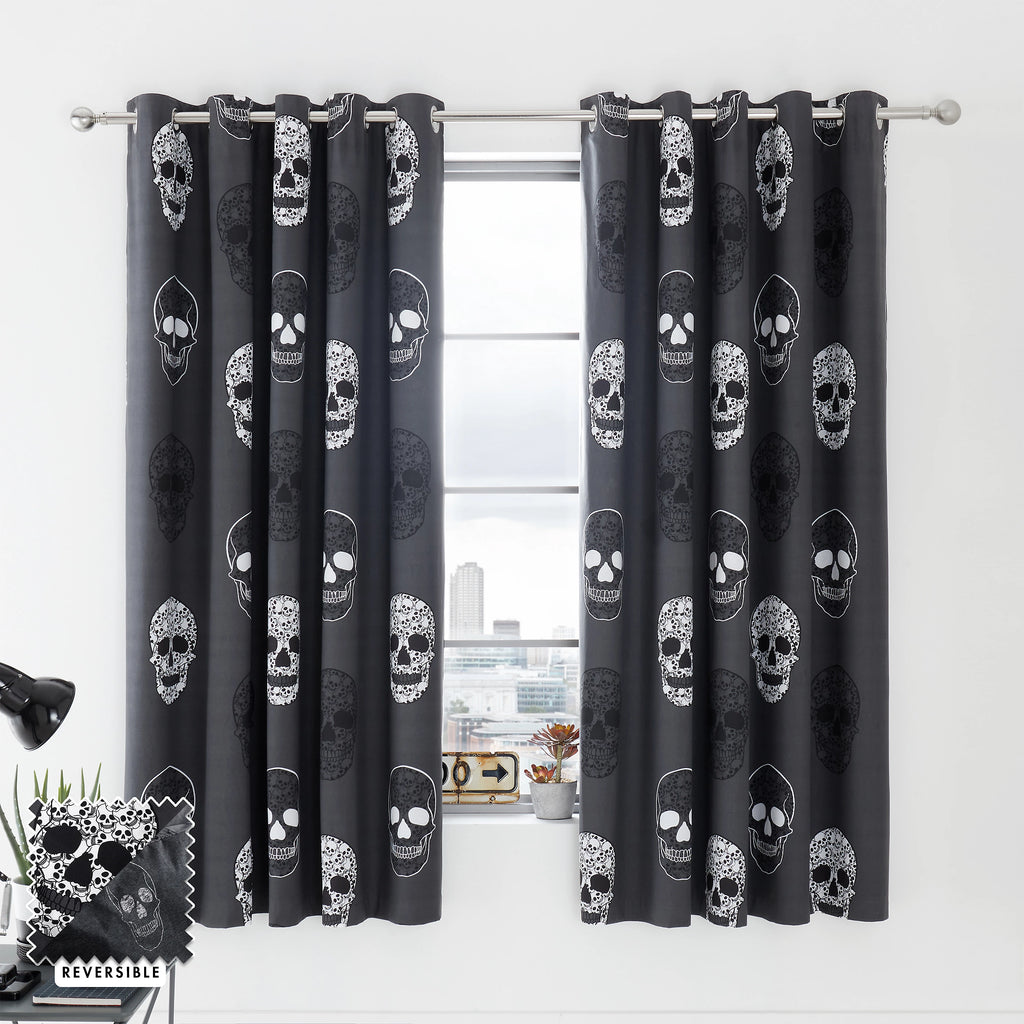 Catherine Lansfield Skulls Fully Reversible Eyelet Curtains in Grey