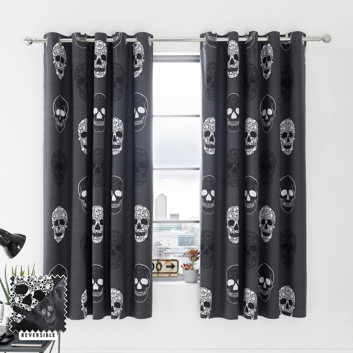 Catherine Lansfield Skulls Fully Reversible Eyelet Curtains in Grey