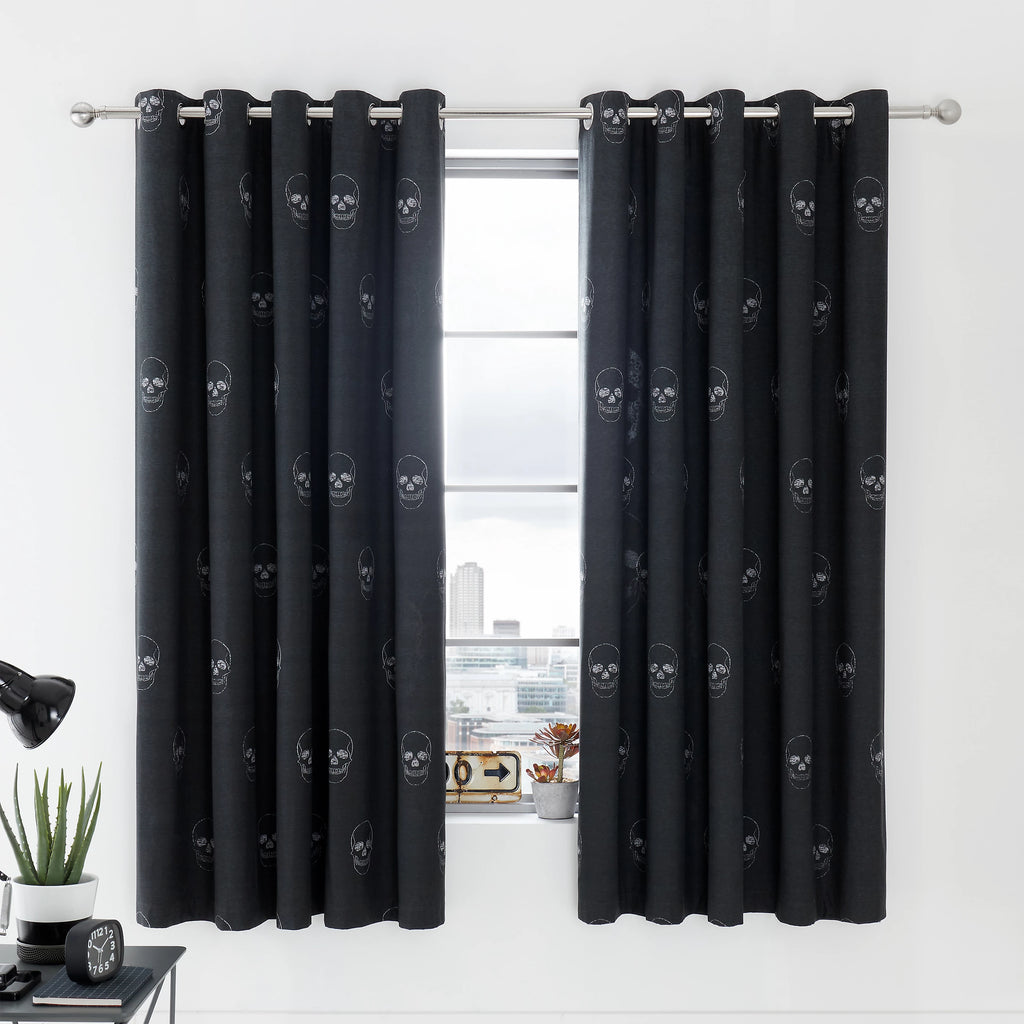 Catherine Lansfield Skulls Fully Reversible Eyelet Curtains in Grey