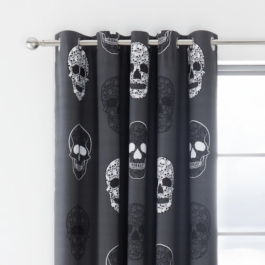 Catherine Lansfield Skulls Fully Reversible Eyelet Curtains in Grey