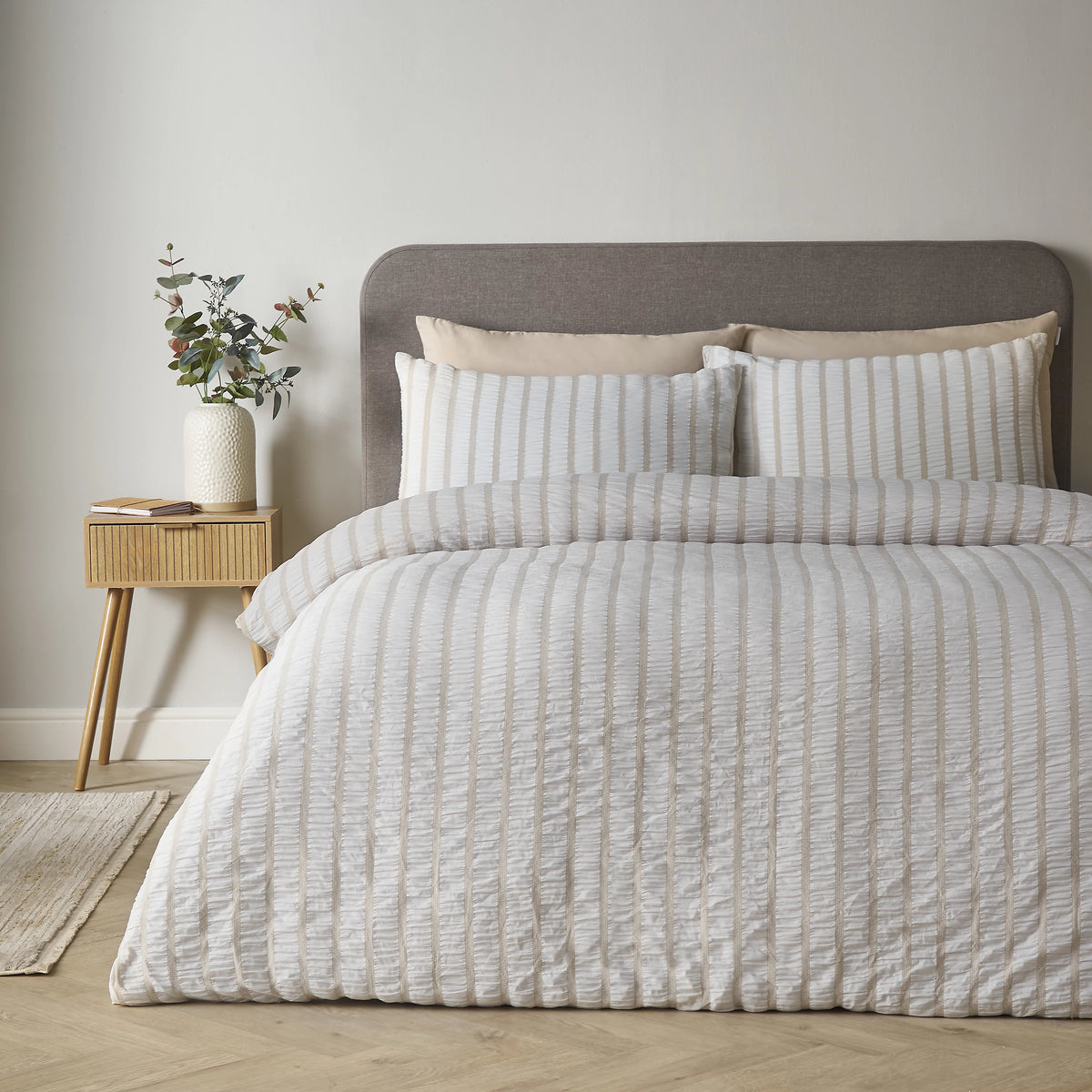 Catherine Lansfield Natural So Soft Seersucker Stripe Duvet Cover Set