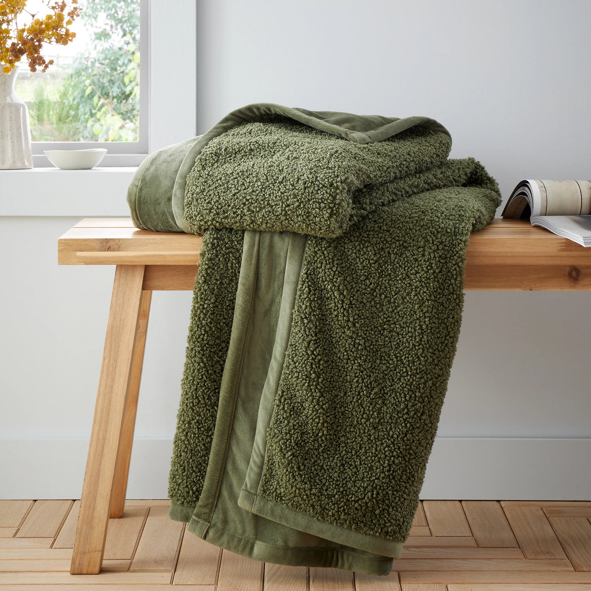Catherine Lansfield So Soft Velvet Boucle 130x170cm Blanket Throw Olive Green