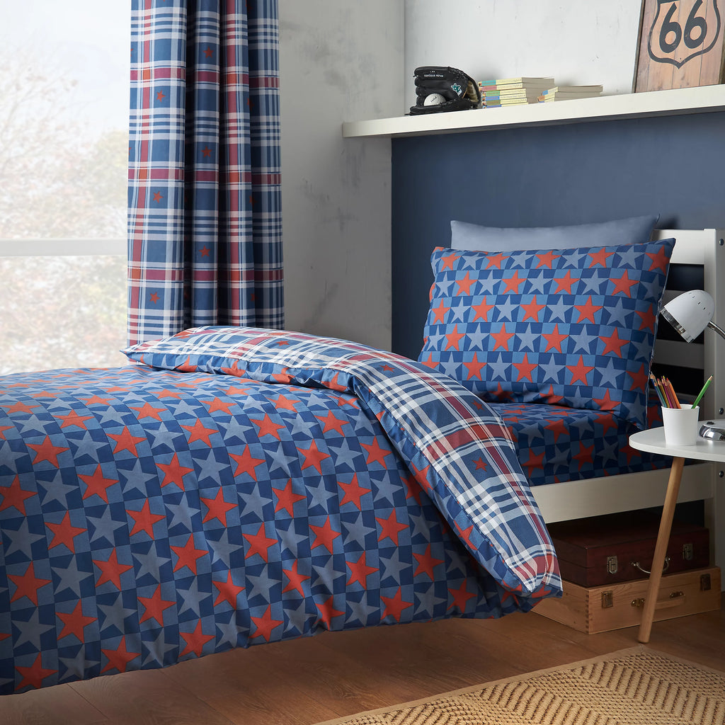 Catherine Lansfield Stars And Check Reversible Duvet Cover Set in Blue