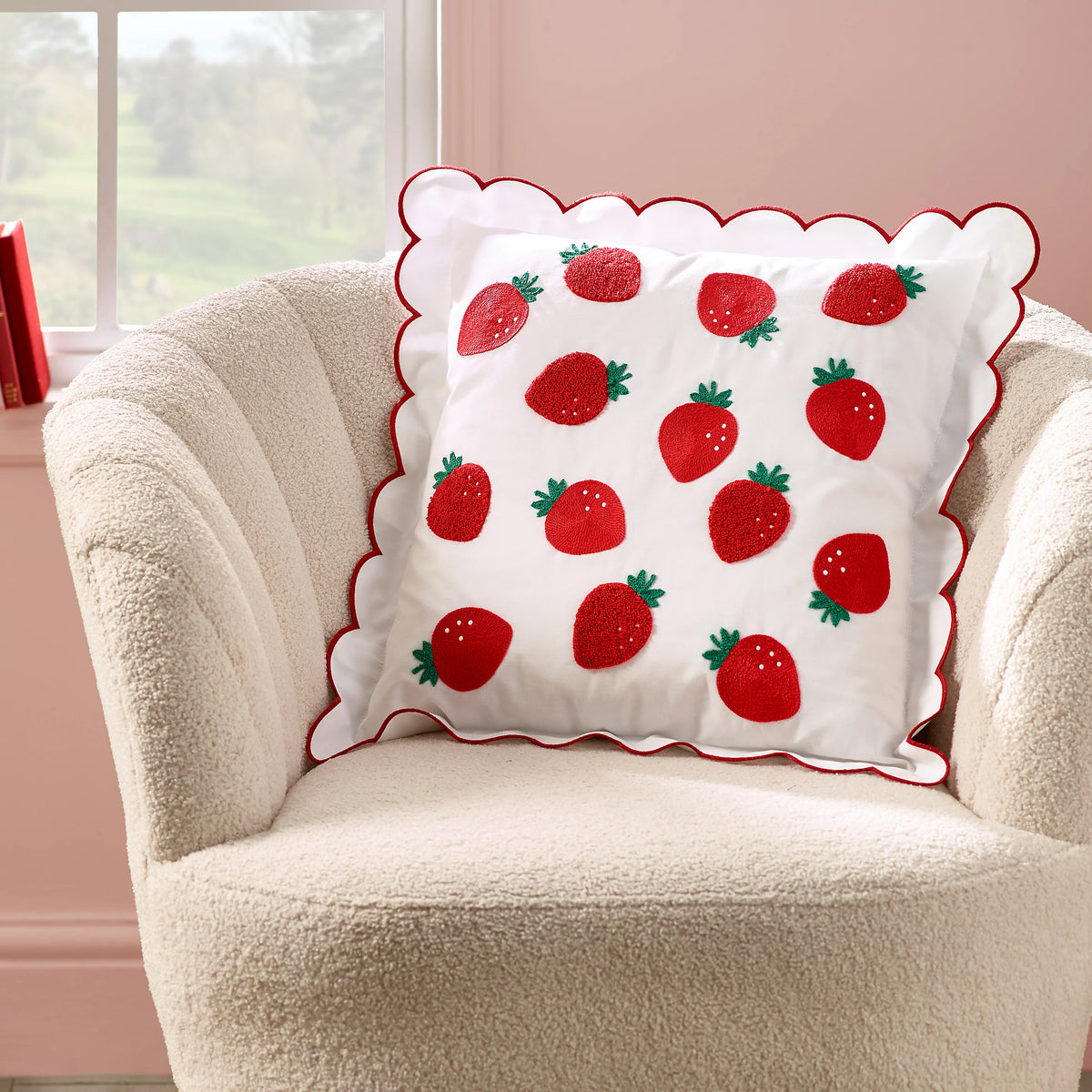 Catherine Lansfield Strawberry Embroidered Cushion in Red 45 x 45cm
