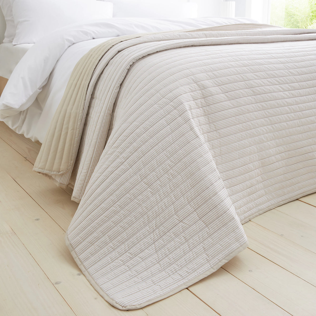 Catherine Lansfield Stripe Quilted Reversible Bedspread in Natural 220 x 230cm