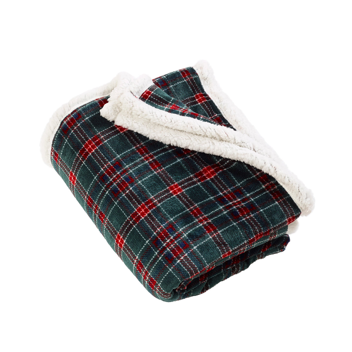 Catherine Lansfield Green Tartan Sherpa Check Cosy Fleece Blanket Throw