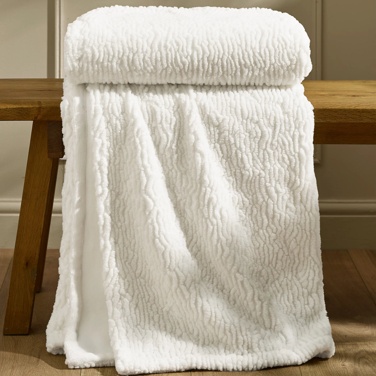 Catherine Lansfield Cream Textured Wave Faux Fur Blanket Throw