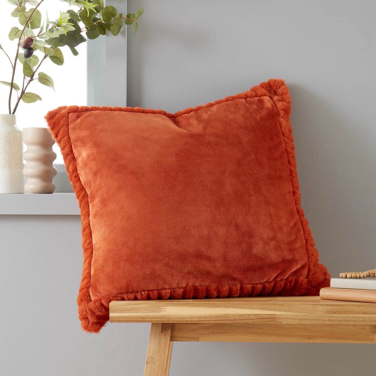 Catherine Lansfield Velvet and Faux Fur Cushion in Burnt Orange 55 x 55cm