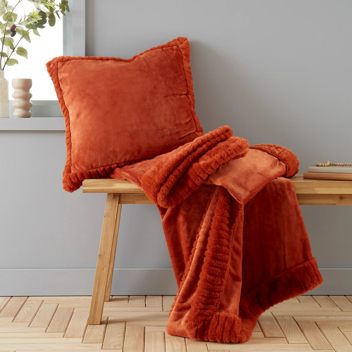 Catherine Lansfield Velvet and Faux Fur Cushion in Burnt Orange 55 x 55cm