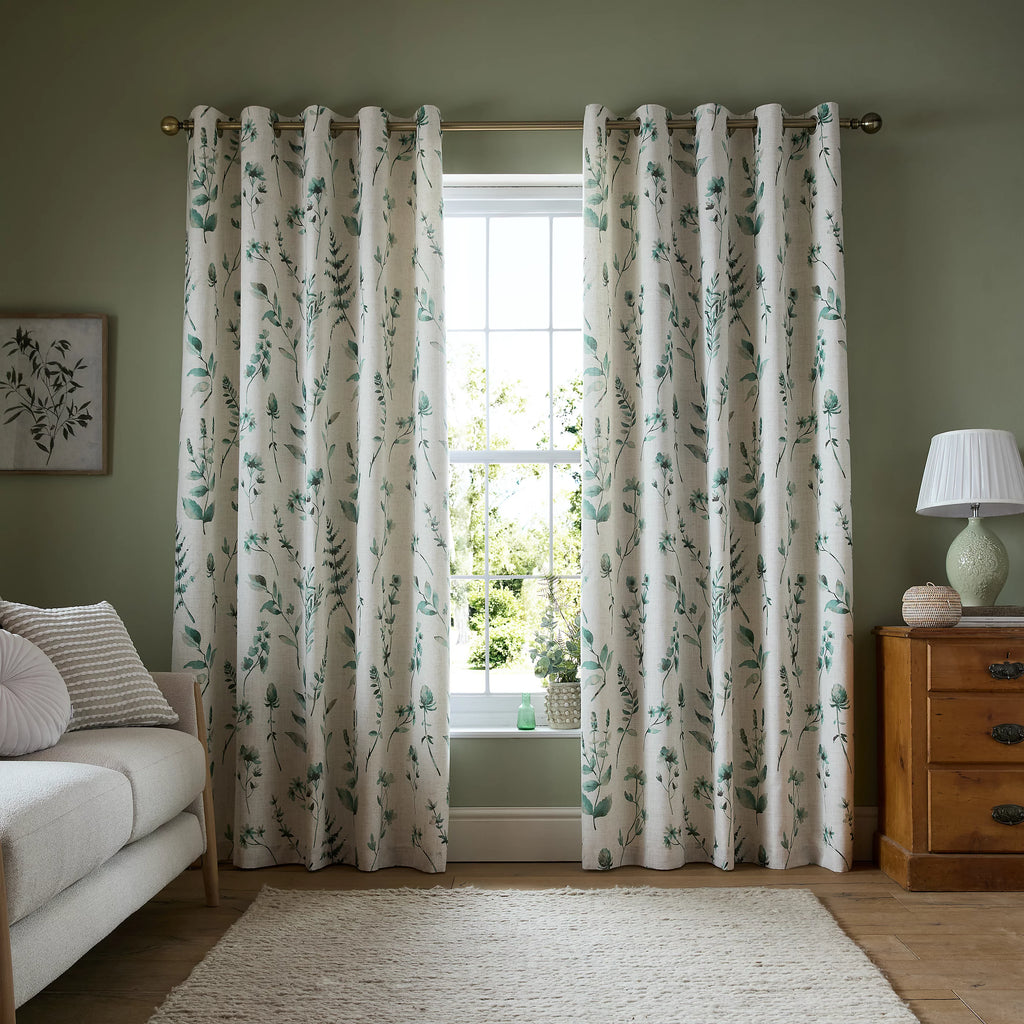 Catherine Lansfield Watercolour Leaves Lined Eyelet Curtains in Natural & Green