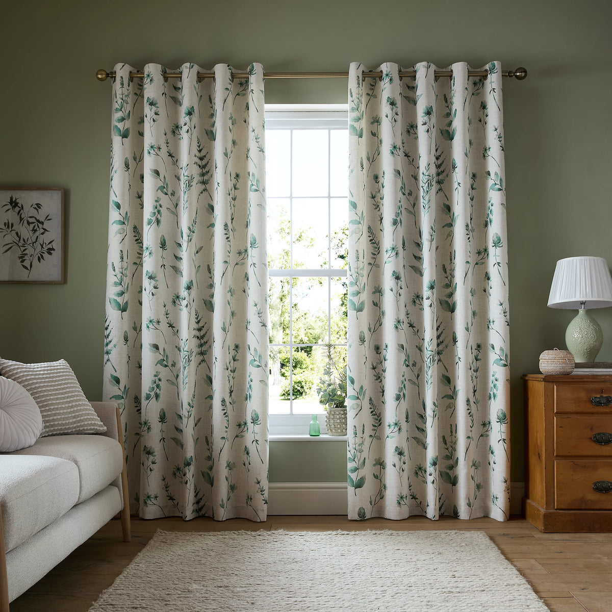 Catherine Lansfield Watercolour Leaves Lined Eyelet Curtains in Natural & Green
