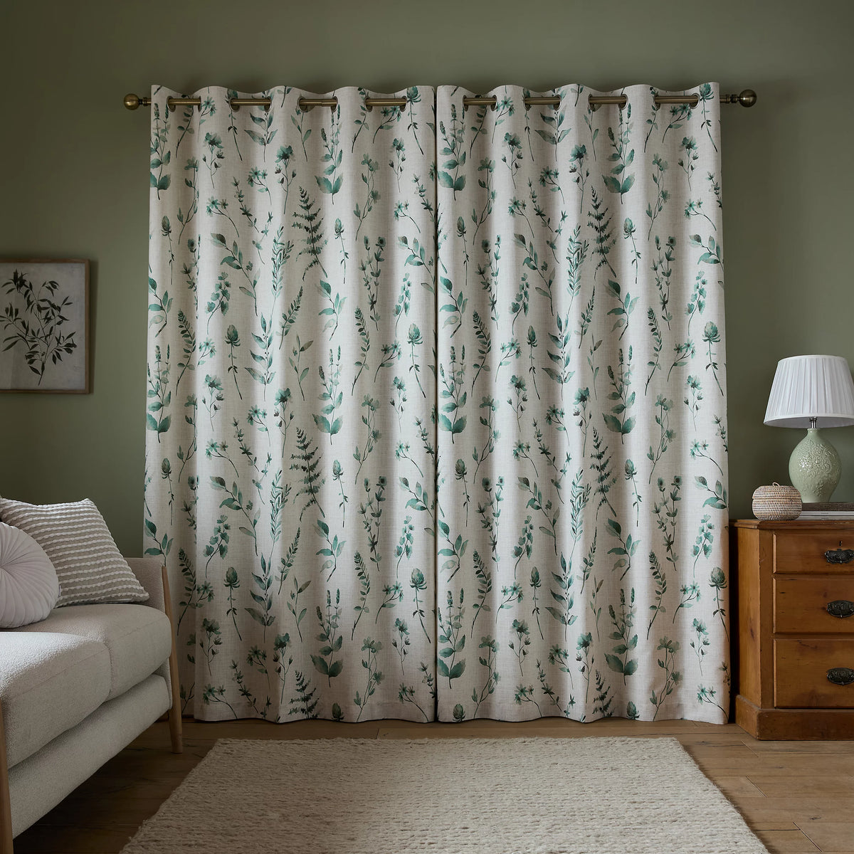 Catherine Lansfield Watercolour Leaves Lined Eyelet Curtains in Natural & Green