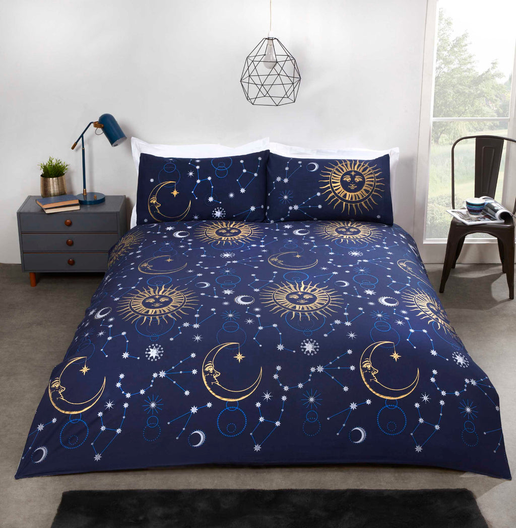 Celestial navy duvet cover set styled in a contemporary bedroom.