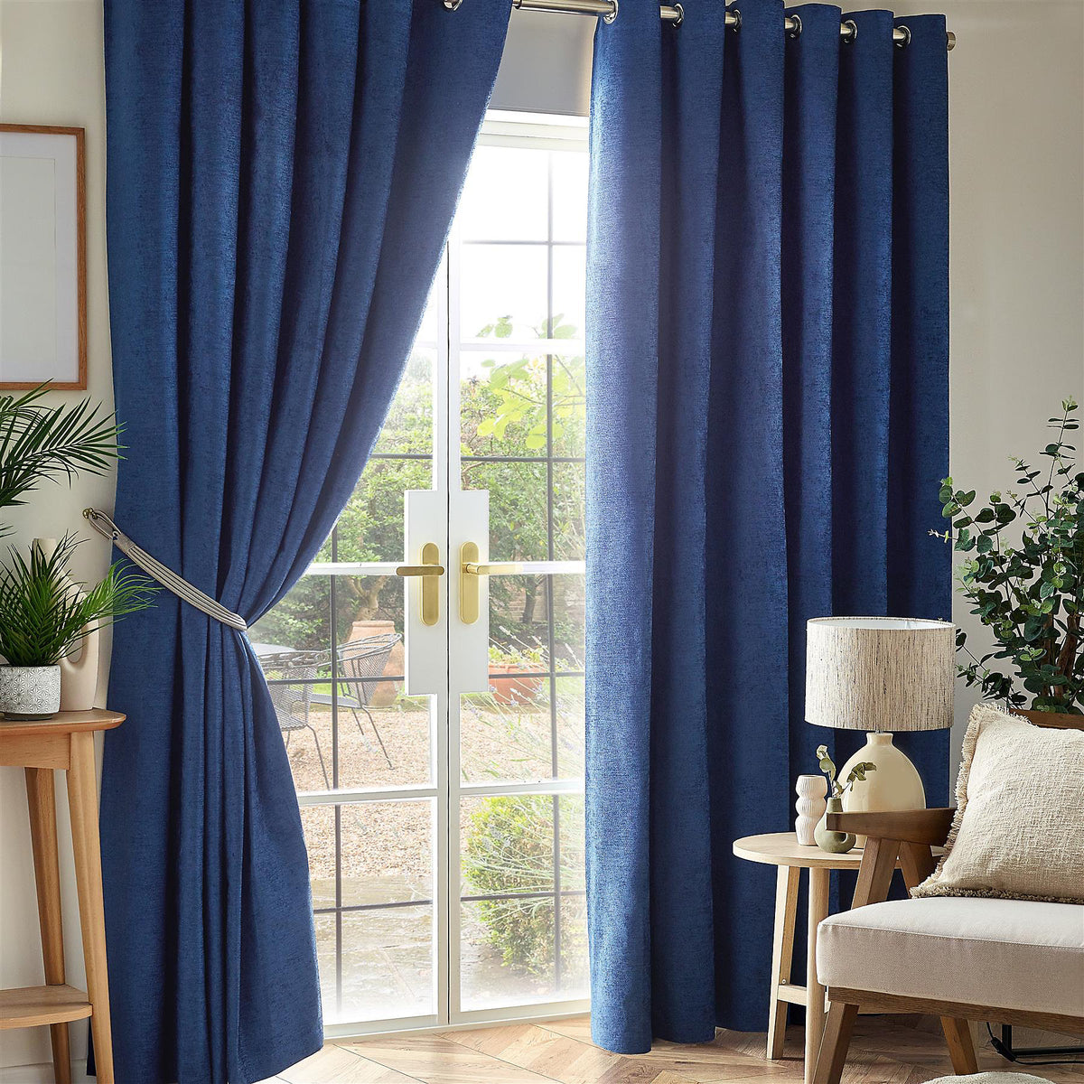 Chenille Thermal Blackout Eyelet Curtains in Blue