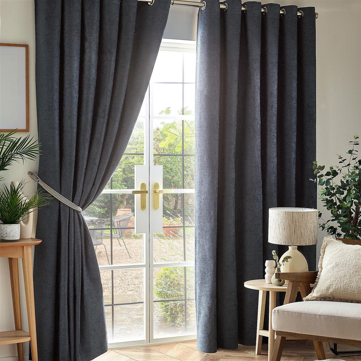 Chenille Thermal Blackout Eyelet Curtains in Charcoal