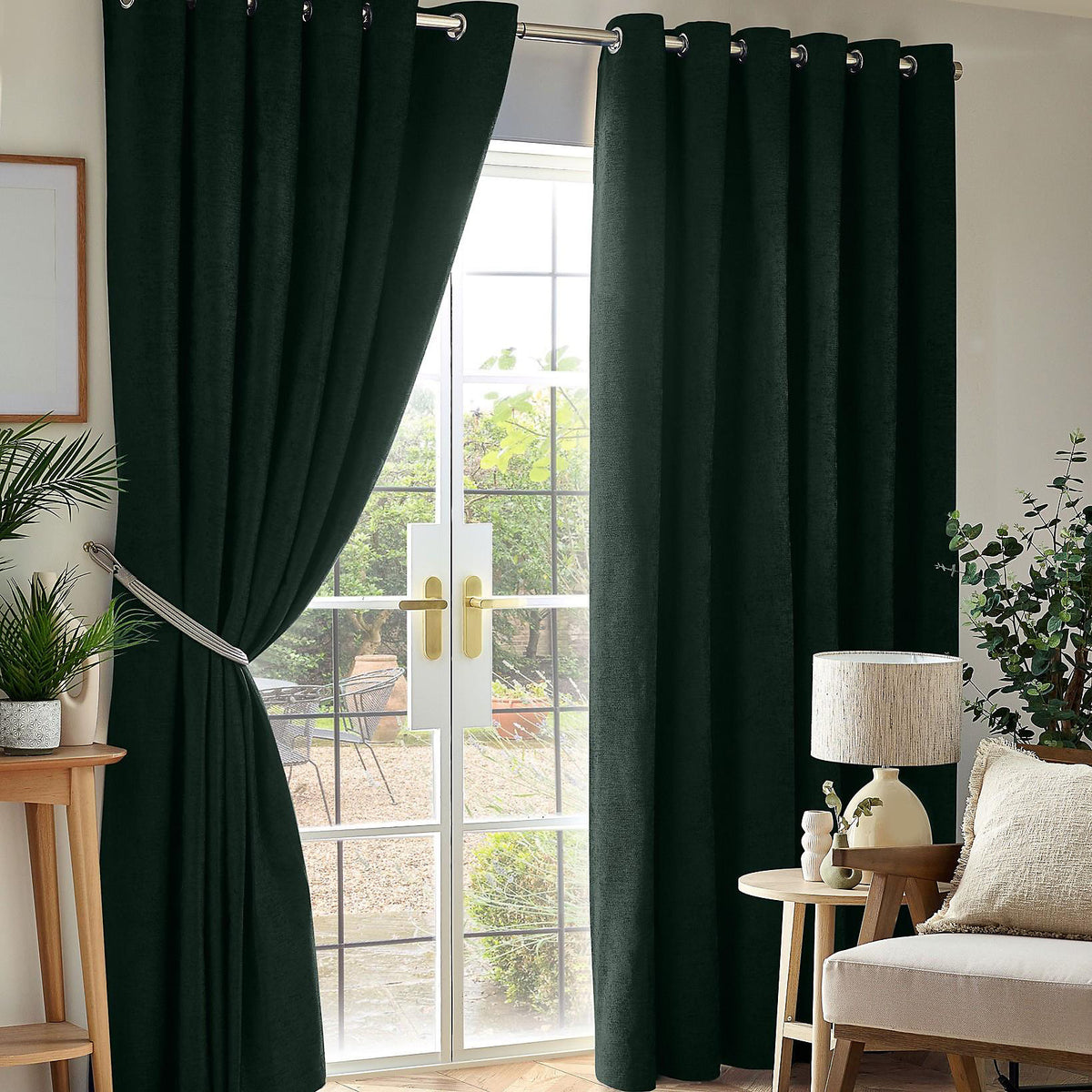 Chenille Thermal Blackout Eyelet Curtains in Green