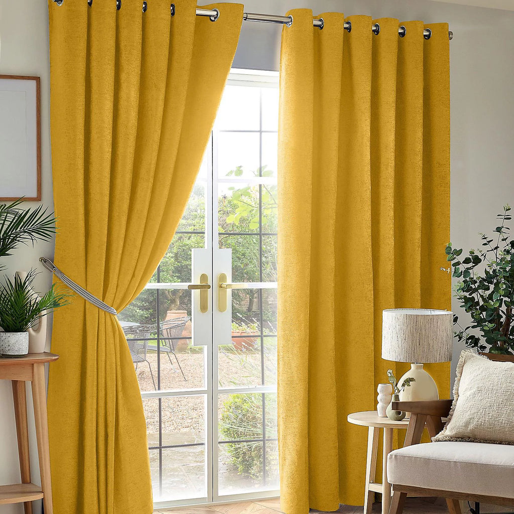 Chenille Thermal Blackout Eyelet Curtains in Ochre