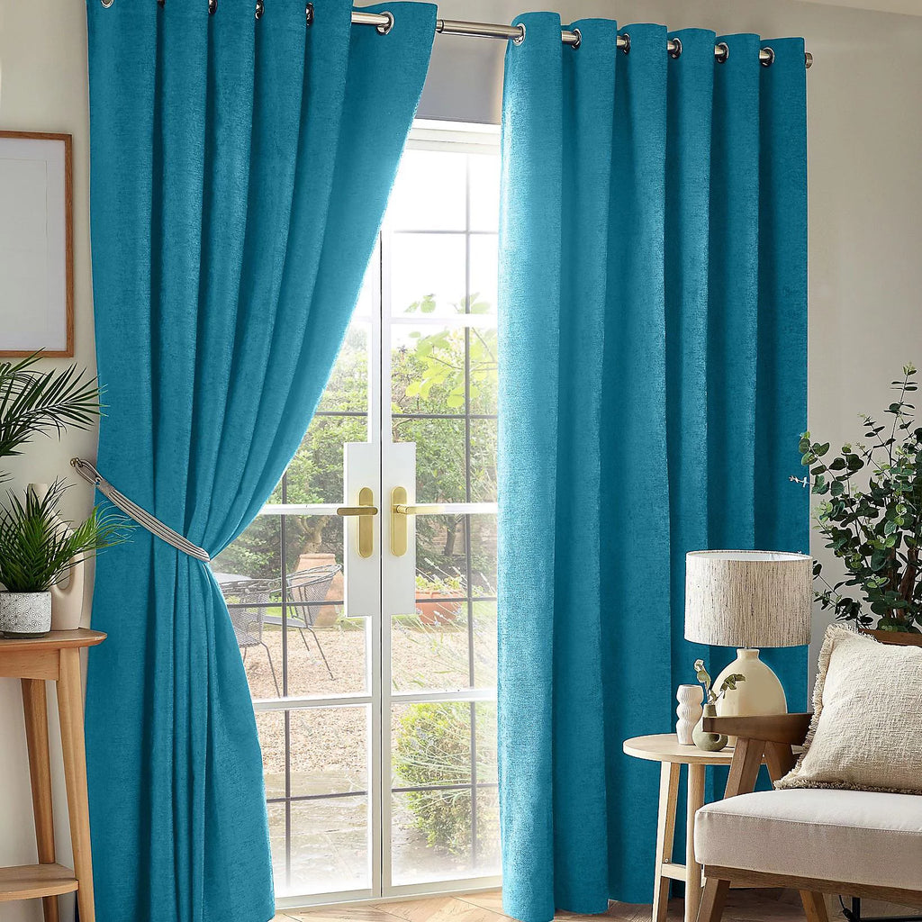 Chenille Thermal Blackout Eyelet Curtains in Teal
