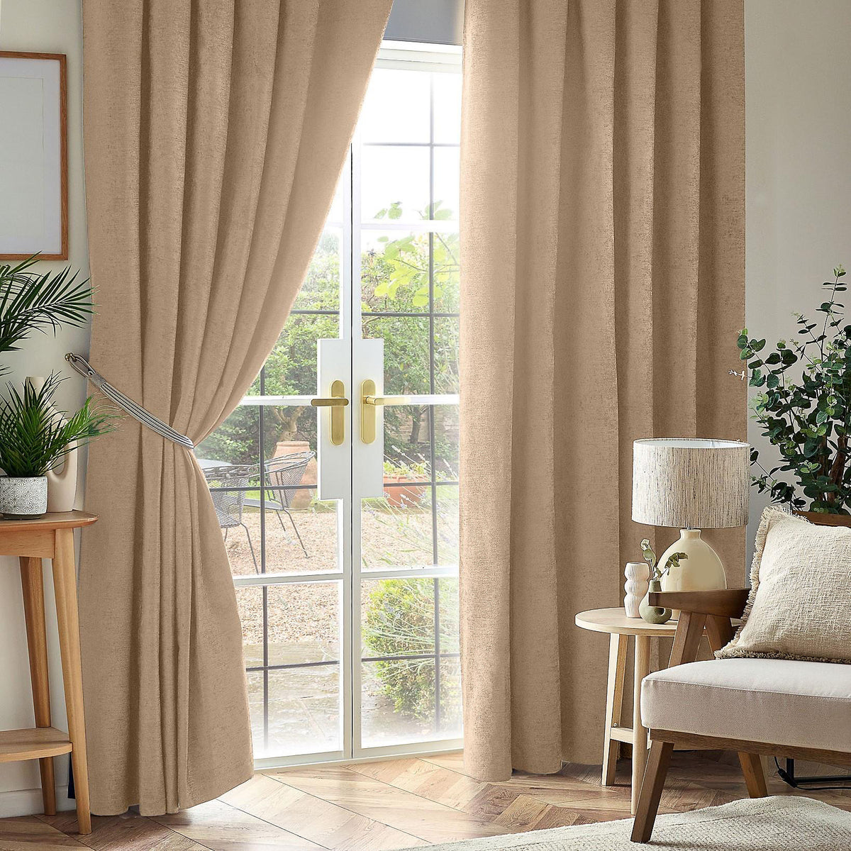 Chenille Thermal Blackout Pencil Pleat Curtains in Beige