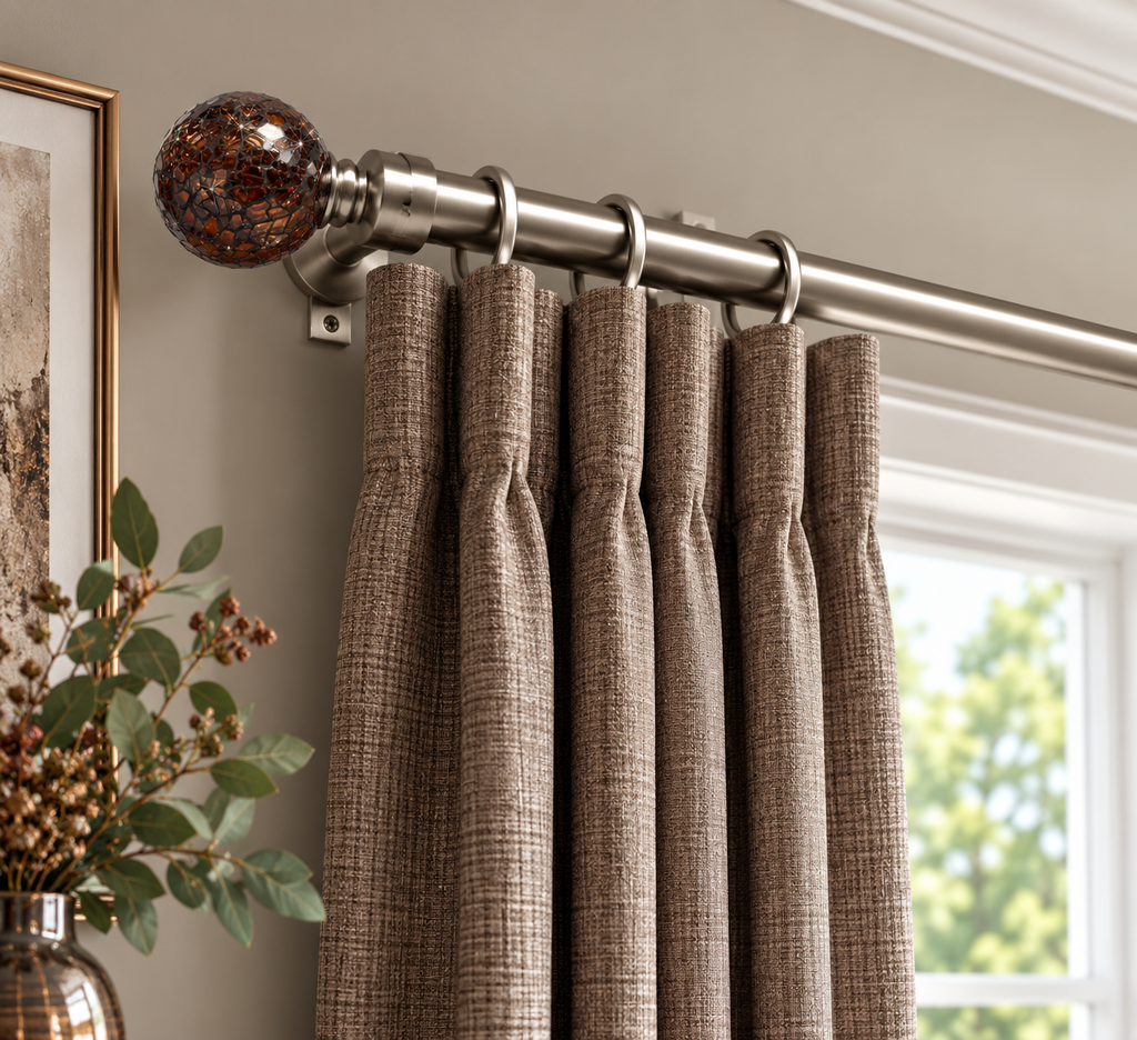 Cracked Bronze brushed satin curtain pole styled with curtains in an elegant room.