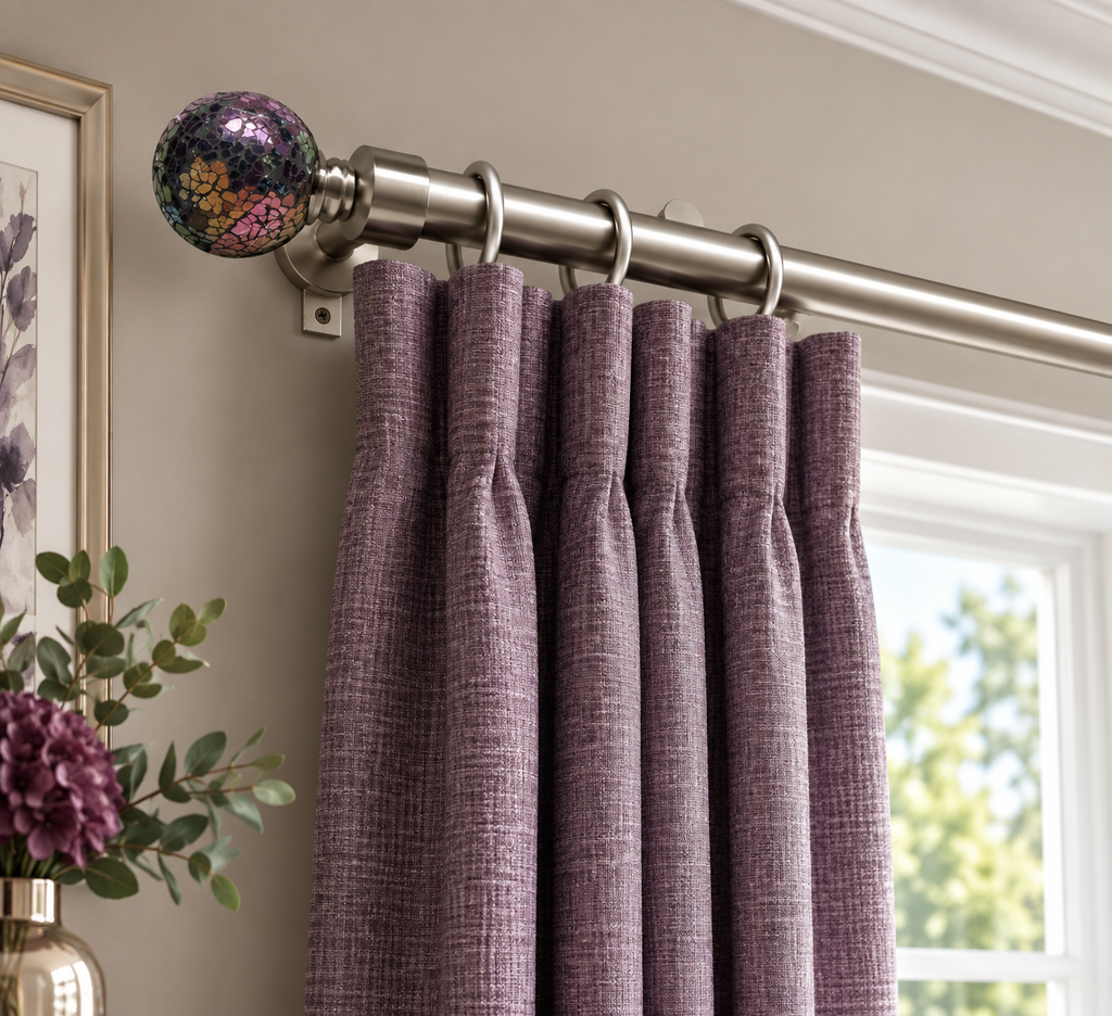Cracked Purple brushed satin curtain pole styled with curtains in an elegant room.
