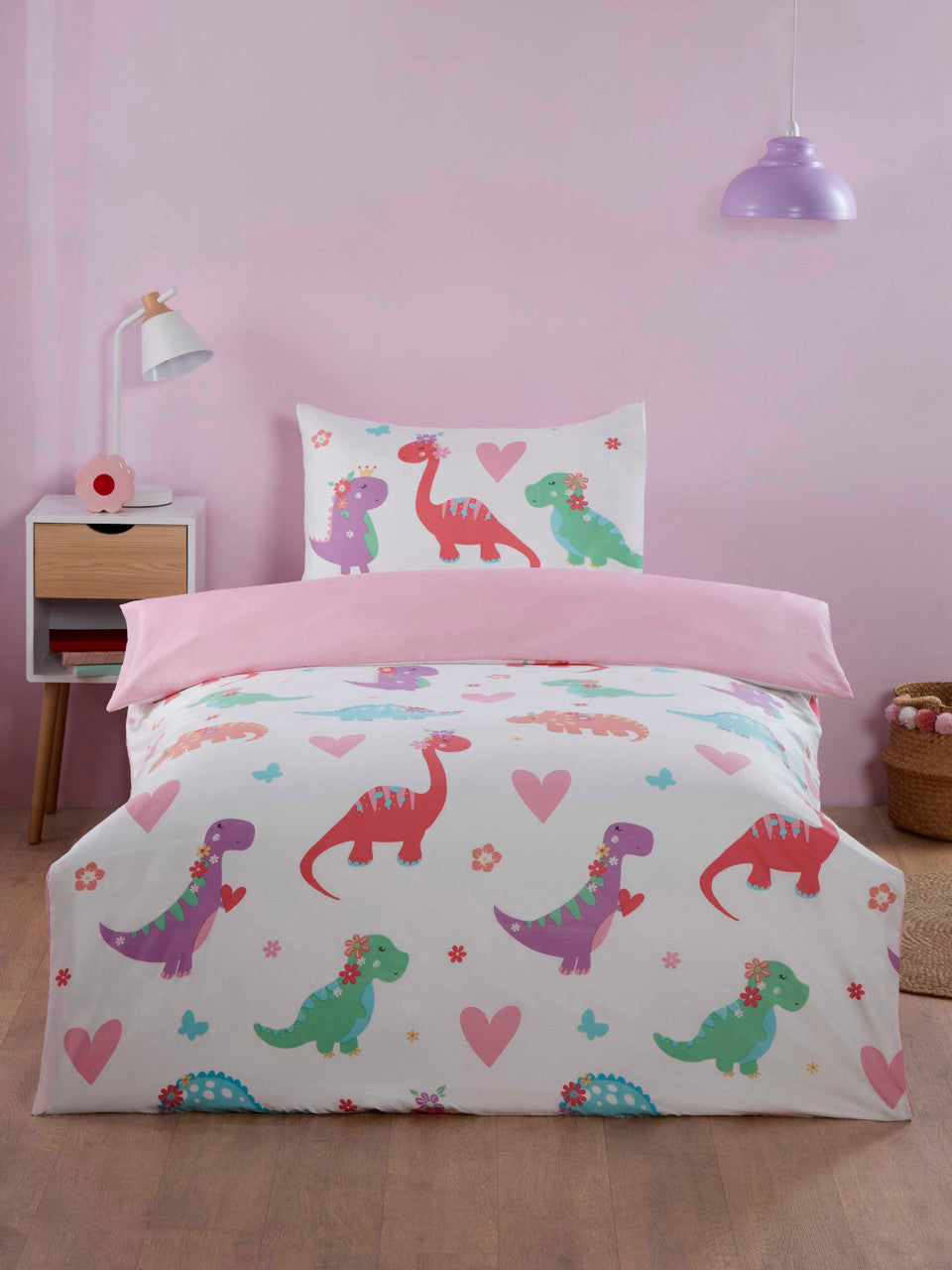 Dino Daisy pink dinosaur microfibre duvet cover set for children's bedrooms.